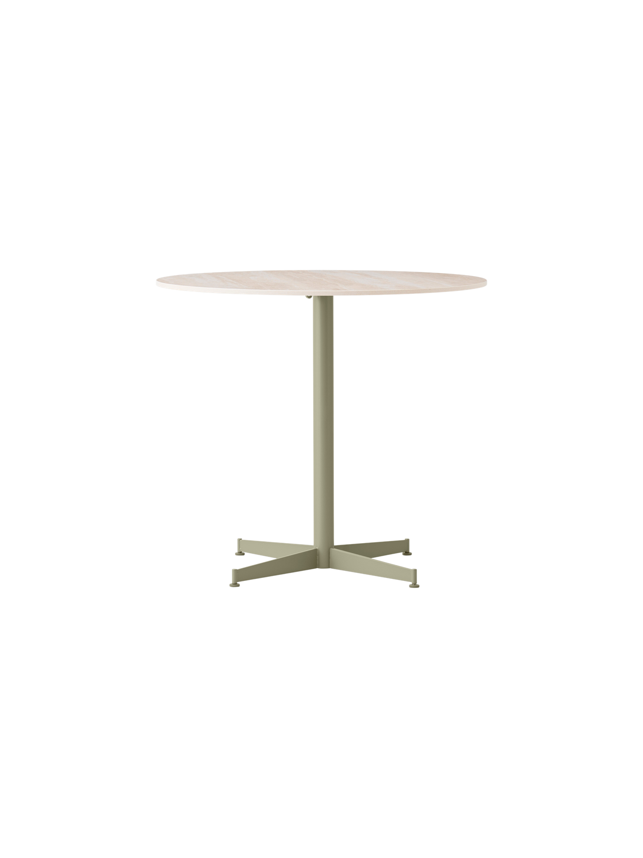 Front view of the Nook Dining Table, featuring a round, light-coloured marble top and a slim, olive-coloured four-star base.