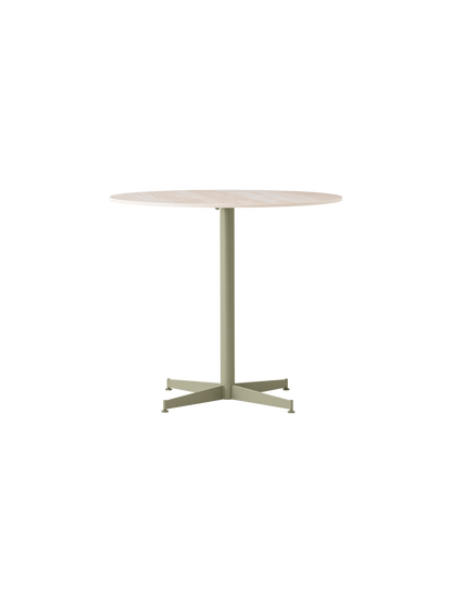 Front view of the Nook Dining Table, featuring a round, light-coloured marble top and a slim, olive-coloured four-star base.