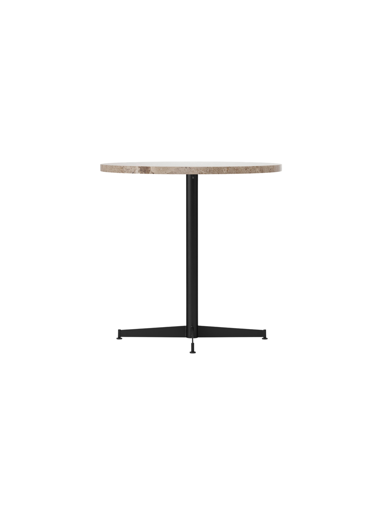 An angled view of the Nook Dining Table, with a round Kunis Breccia stone top and a black powder-coated steel four-star base.