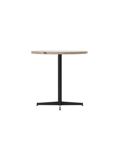 An angled view of the Nook Dining Table, with a round Kunis Breccia stone top and a black powder-coated steel four-star base.