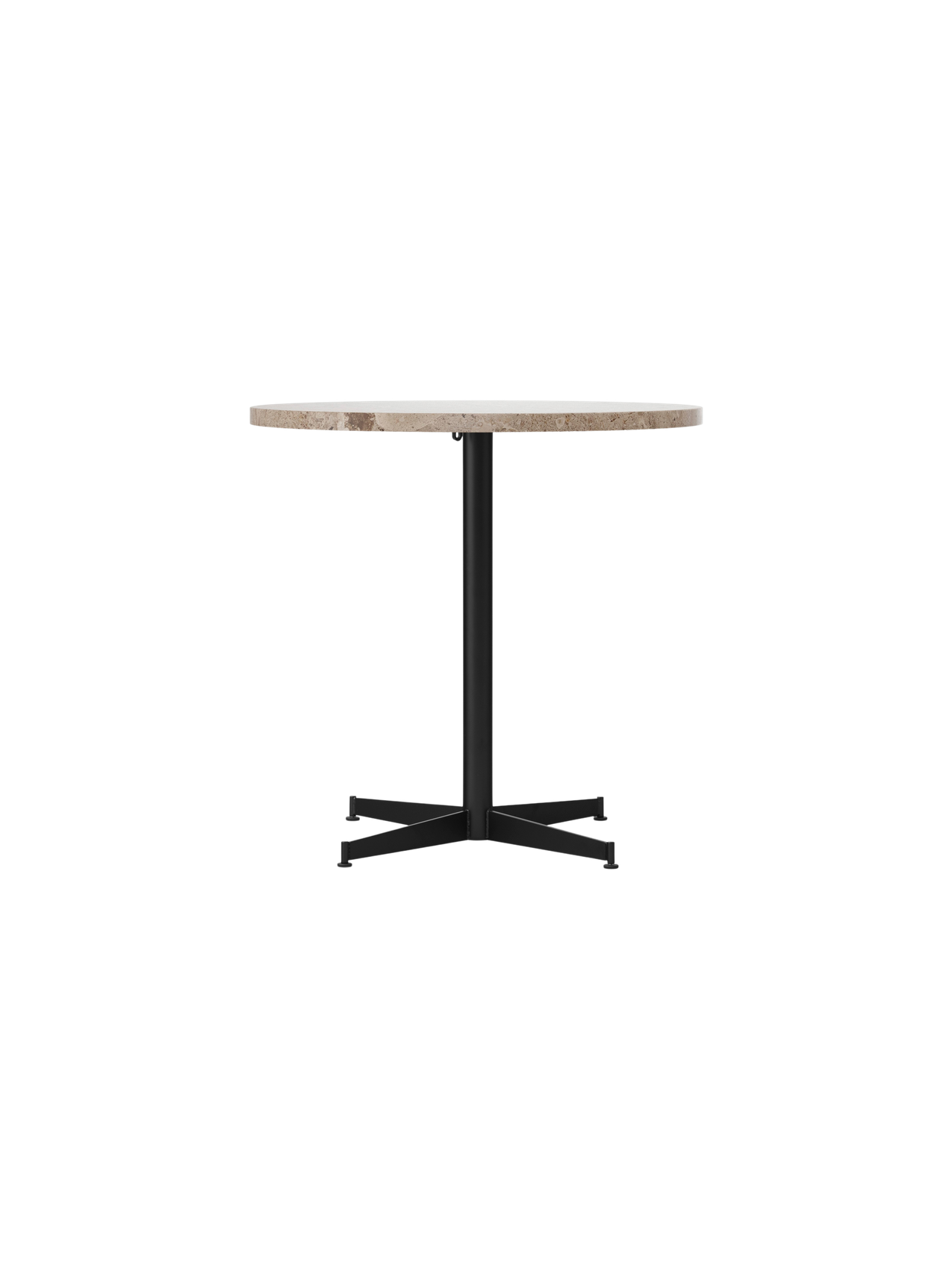 Front view of the Nook Dining Table with a round Kunis Breccia stone top and a black powder-coated steel four-star base.