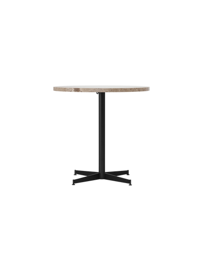 Front view of the Nook Dining Table with a round Kunis Breccia stone top and a black powder-coated steel four-star base.