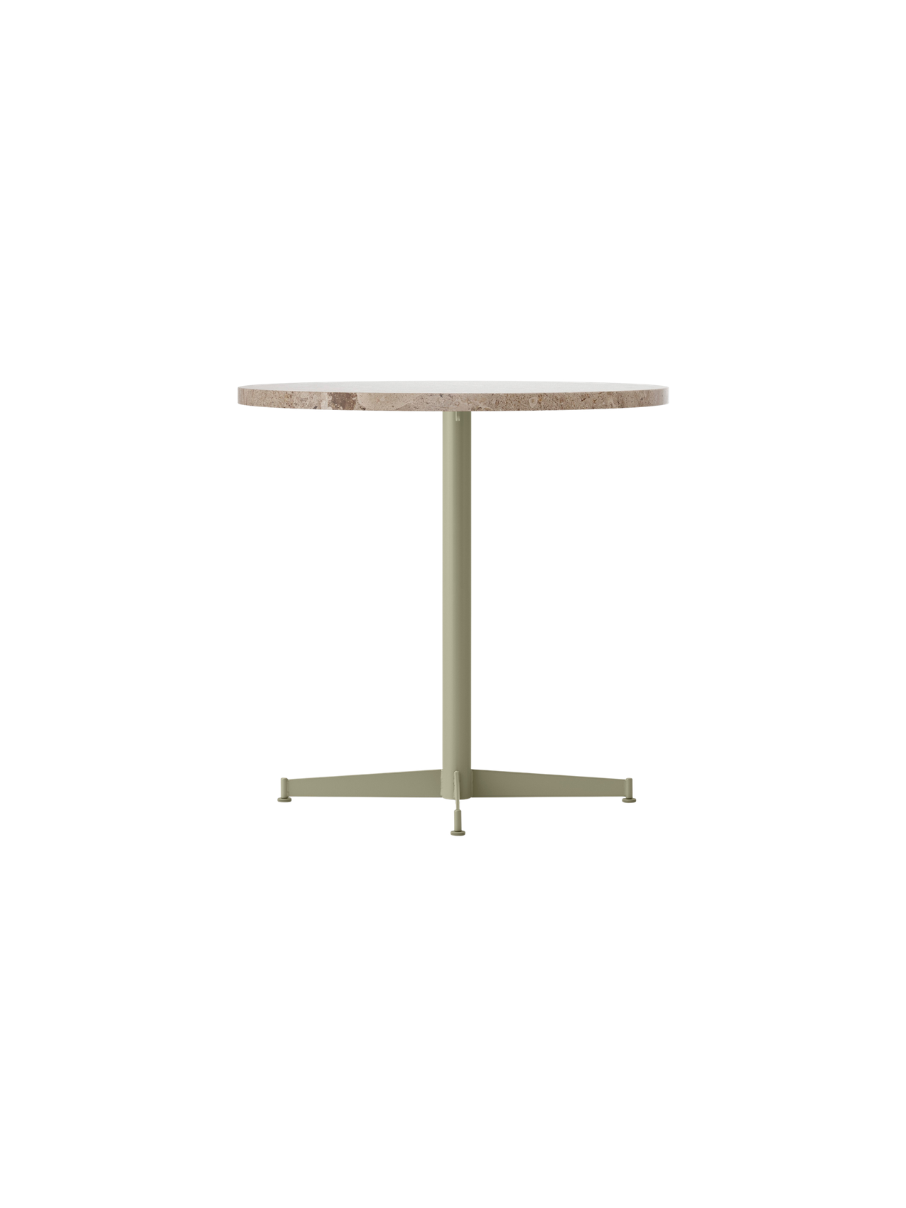 Side view of the Nook Dining Table with a Kunis Breccia Stone tabletop and an olive, four-star powder-coated steel base.