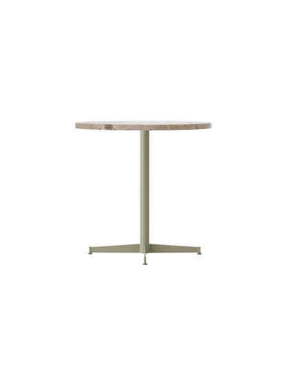Side view of the Nook Dining Table with a Kunis Breccia Stone tabletop and an olive, four-star powder-coated steel base.