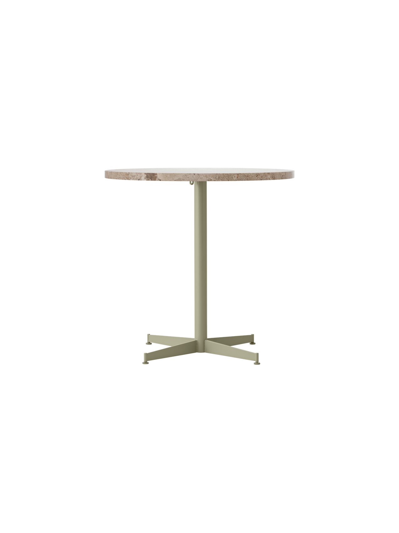 Front view of the Nook Dining Table with a round Kunis Breccia stone top and an olive powder-coated steel four-star base.