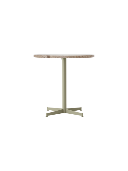 Front view of the Nook Dining Table with a round Kunis Breccia stone top and an olive powder-coated steel four-star base.