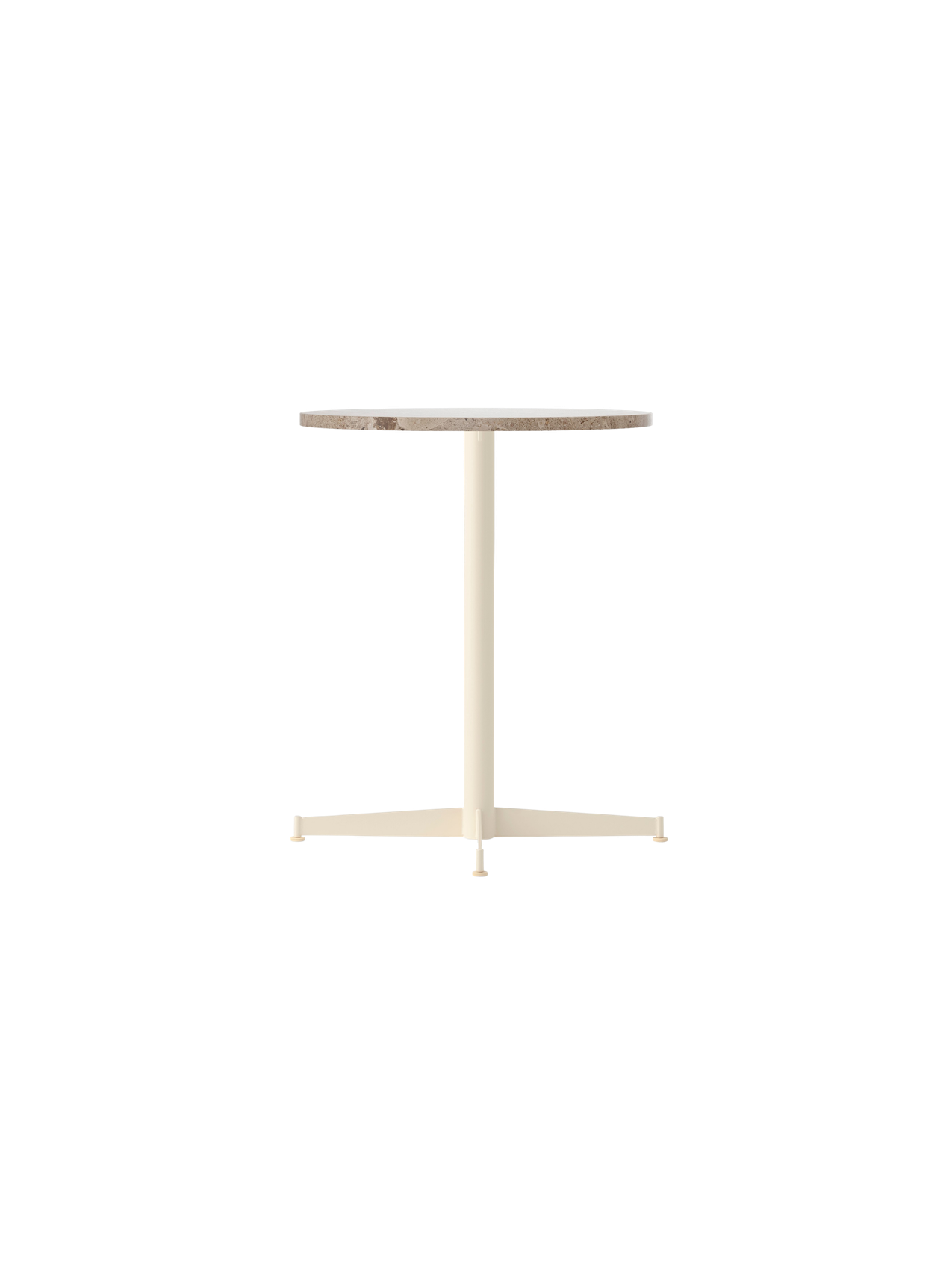 An angled view of the Nook Dining Table with a round Kunis Breccia stone top and a slim, four-star base in ivory.