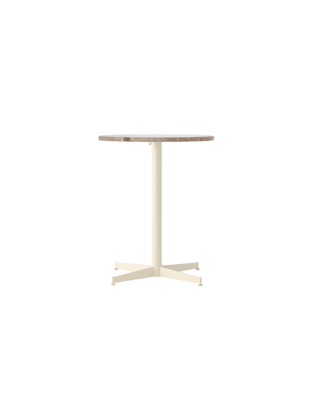 Front view of the Nook Dining Table with a round Kunis Breccia stone top and a slim, four-star base in an ivory finish.