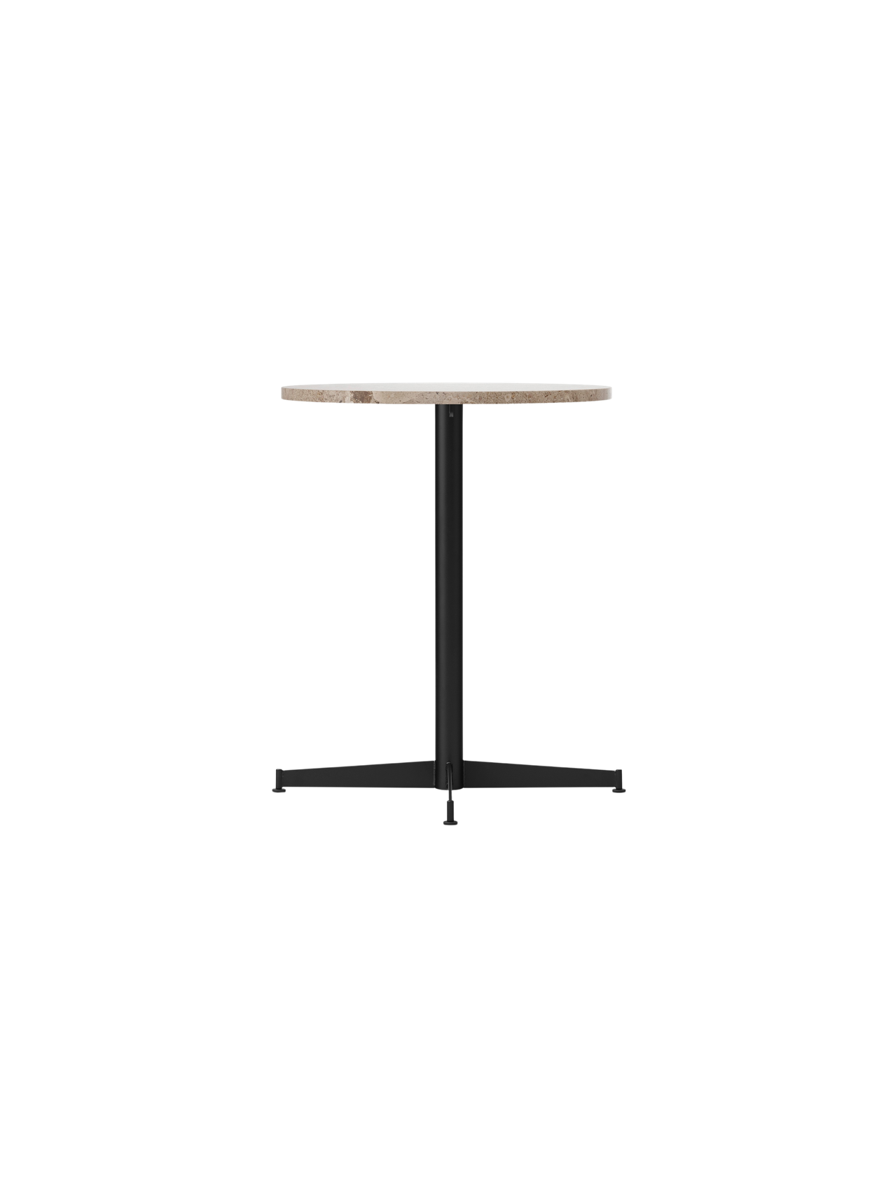 Angled view of the Nook Dining Table with a round Kunis Breccia stone top and a slender black metal four-star base.