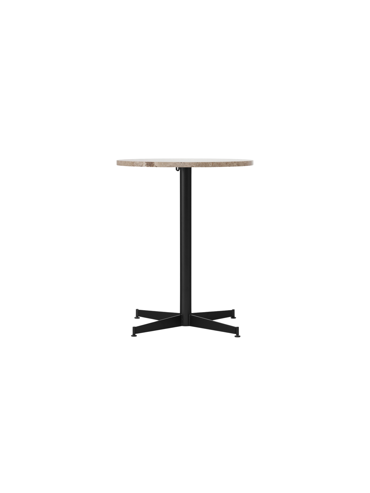 Front view of the Nook Dining Table with a round Kunis Breccia stone top and a slim black powder-coated steel four-star base.