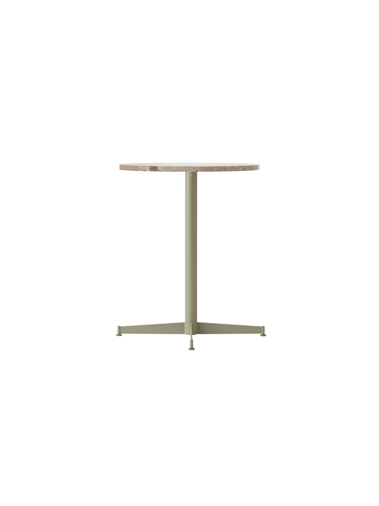 Front view of the Nook Dining Table with a round Kunis Breccia stone top and a slim, olive green four-star pedestal base.