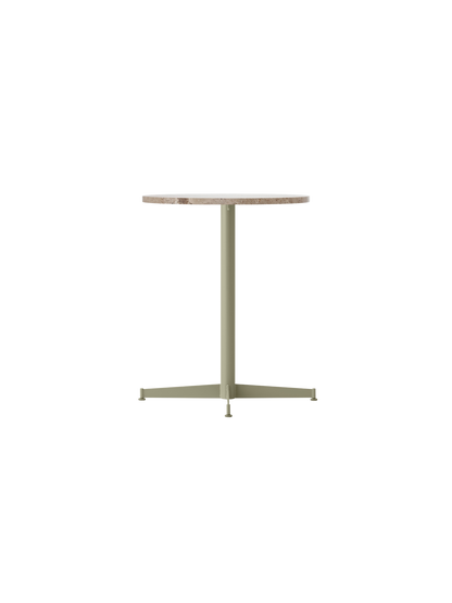 Front view of the Nook Dining Table with a round Kunis Breccia stone top and a slim, olive green four-star pedestal base.