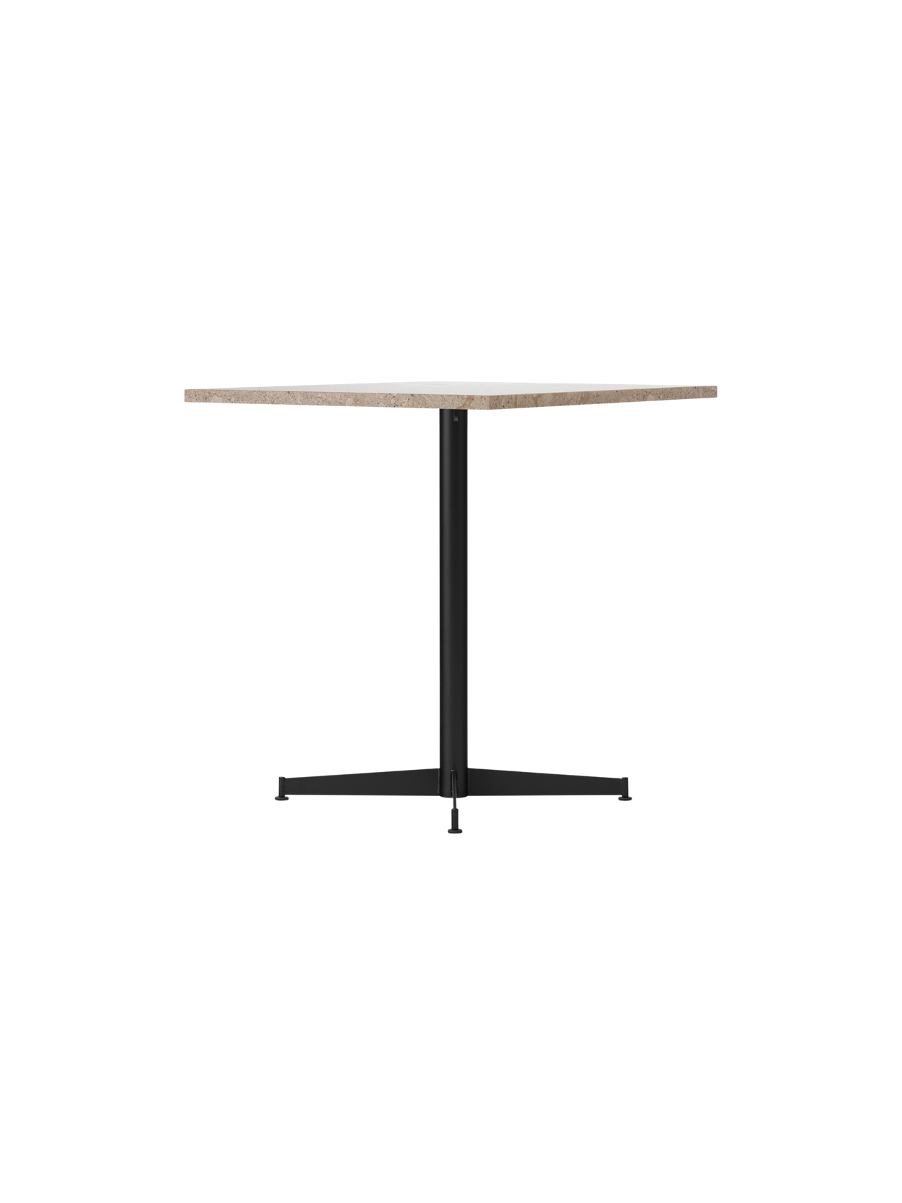 The Nook Dining Table, seen from the side, with a round Kunis Breccia stone top and a slender black four-star metal base.
