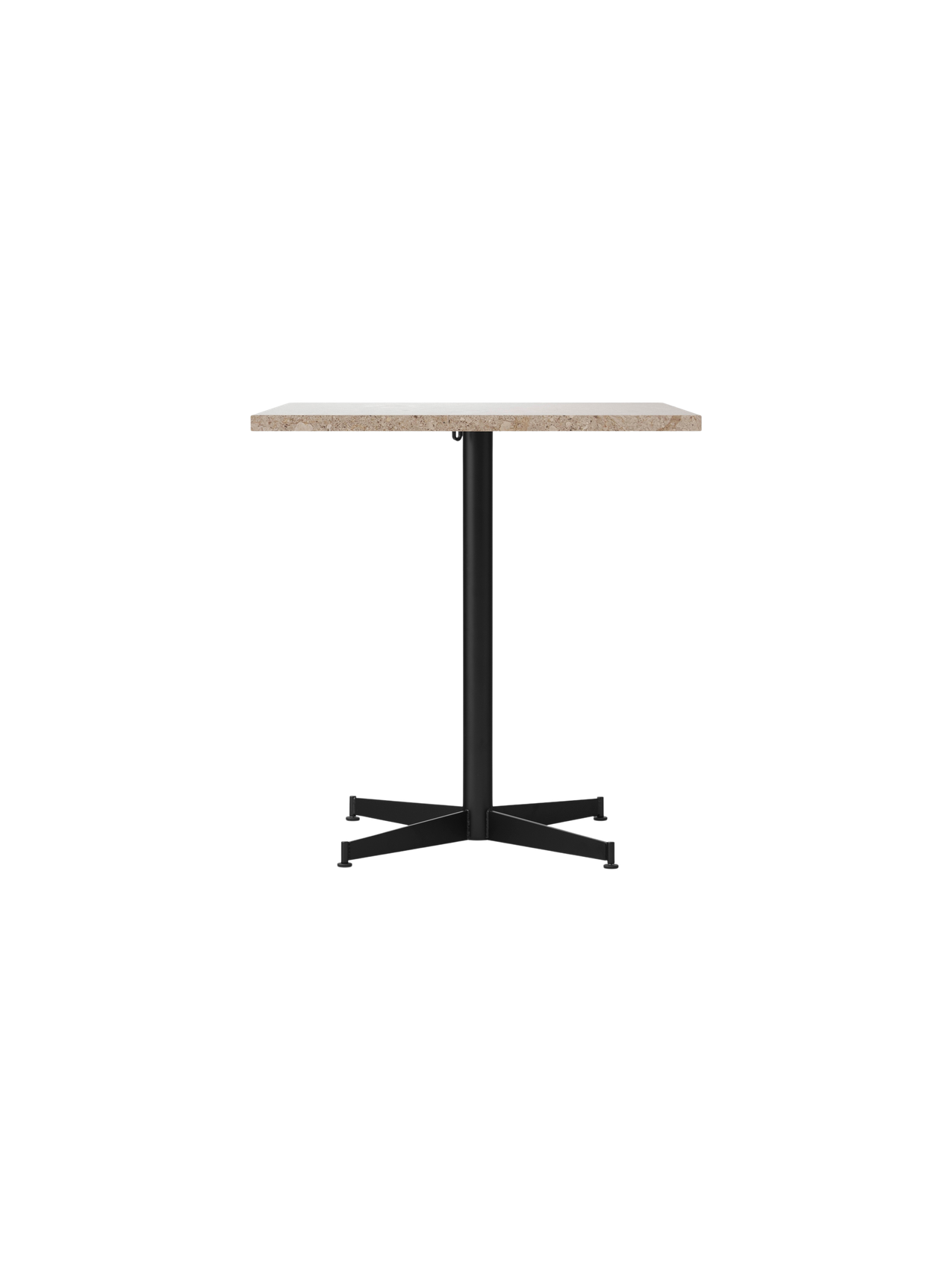 Front view of the Nook Dining Table with rectangular Kunis Breccia stone top and a black powder-coated steel four-star base.