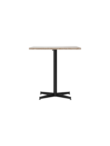 Front view of the Nook Dining Table with rectangular Kunis Breccia stone top and a black powder-coated steel four-star base.