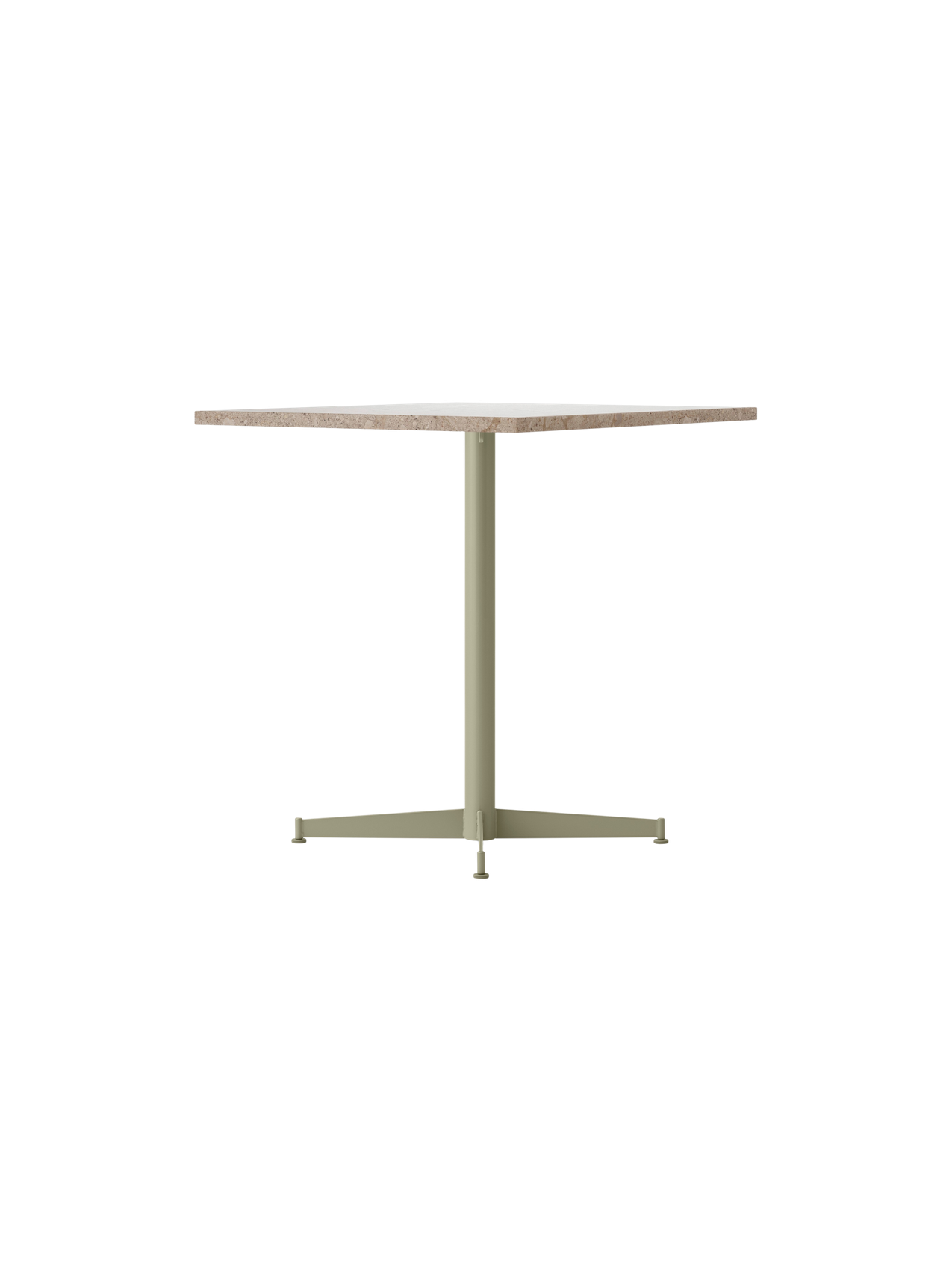 Angled view of the Nook Dining Table, featuring a square Kunis Breccia stone tabletop on an Olive powder-coated steel base.