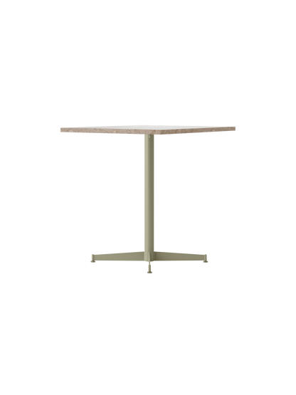 Angled view of the Nook Dining Table, featuring a square Kunis Breccia stone tabletop on an Olive powder-coated steel base.