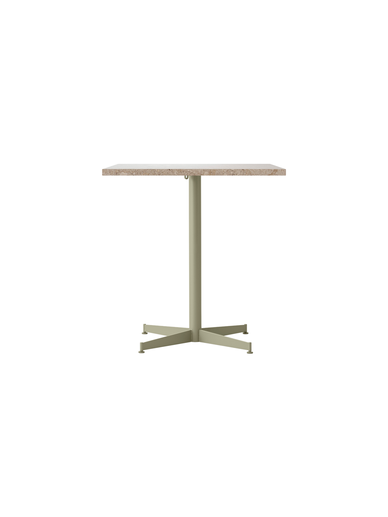 Front view of the Nook Dining Table with a rectangular Kunis Breccia top and an olive powder-coated steel pedestal base.