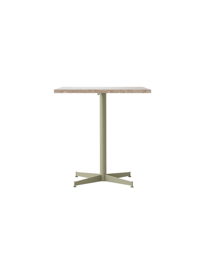 Front view of the Nook Dining Table with a rectangular Kunis Breccia top and an olive powder-coated steel pedestal base.