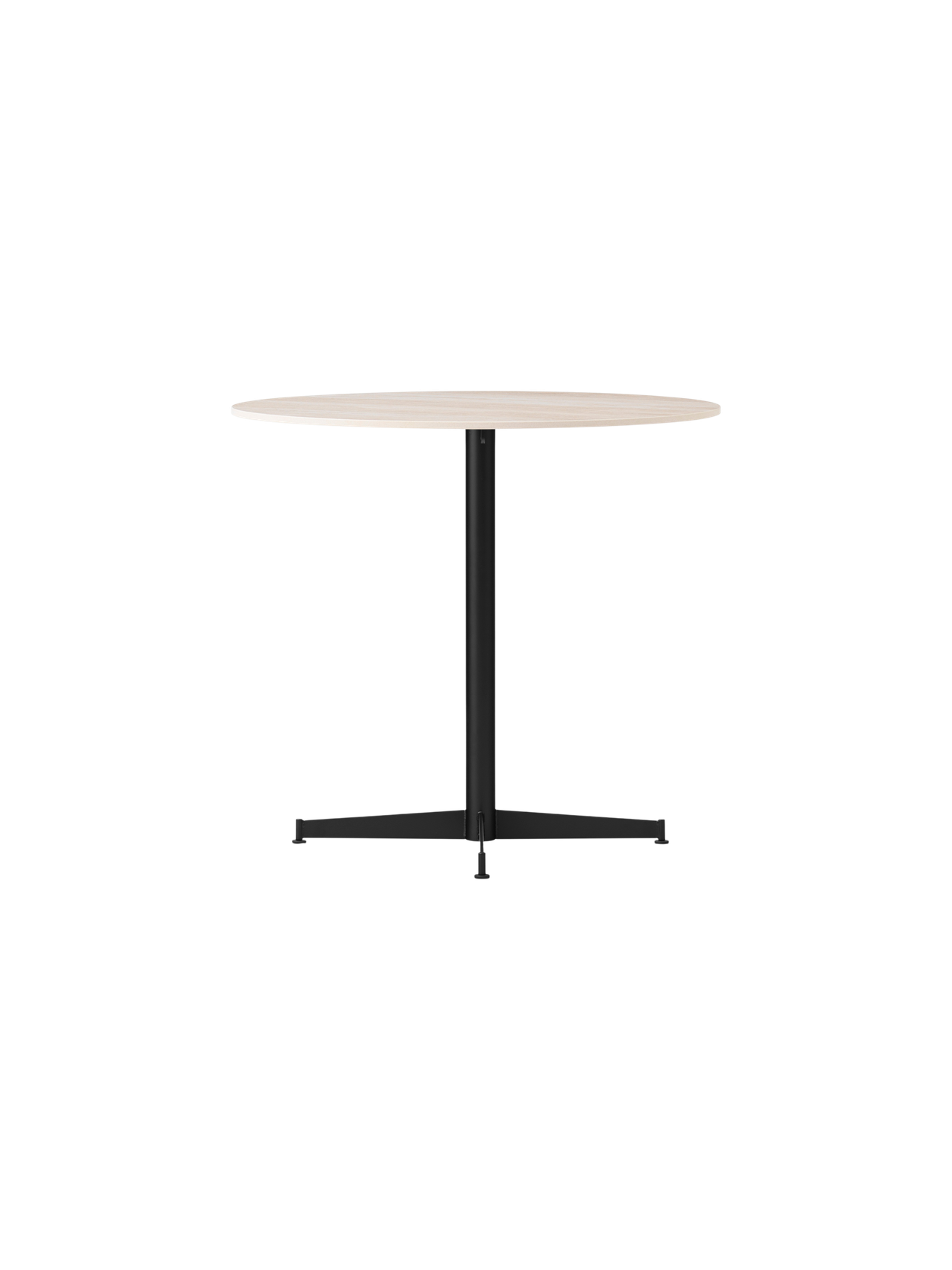 Angle view of the Nook Dining Table, featuring a round, light-coloured tabletop and a slim, black four-star pedestal base.