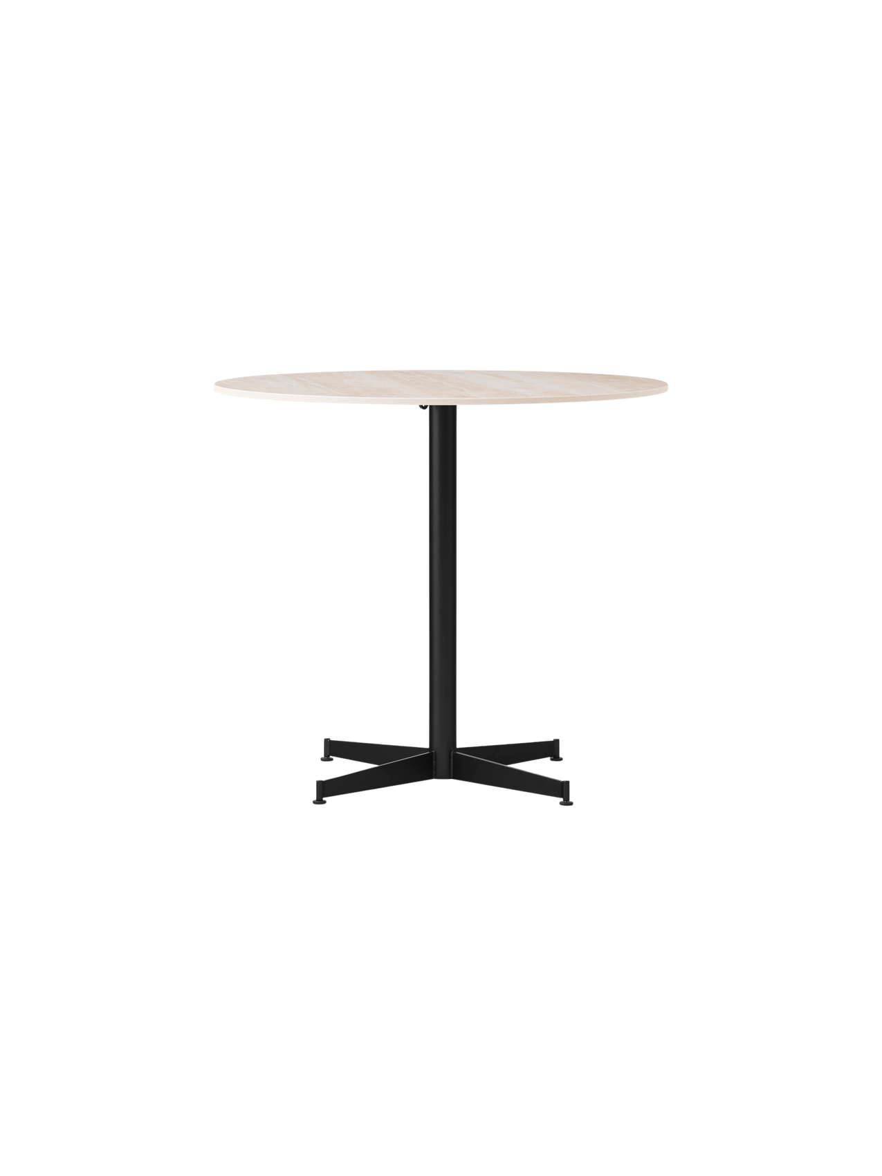 Front view of the Nook Dining Table with a round, light-coloured stone top and a black powder-coated steel four-star base.
