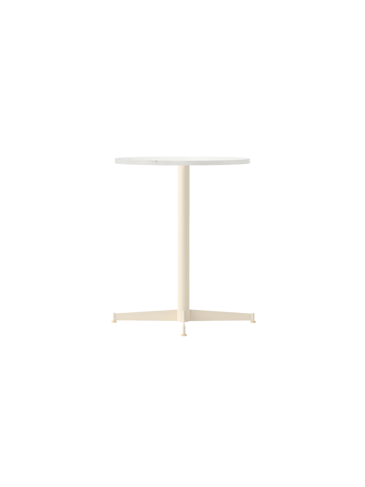 An angled view of the Nook Dining Table with a round Estremoz marble top and an ivory powder-coated steel four-star base.