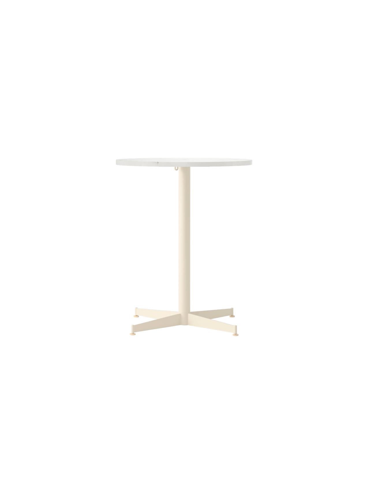 Front view of the Nook Dining Table with a round Estremoz marble top and an ivory powder-coated four-star pedestal base.