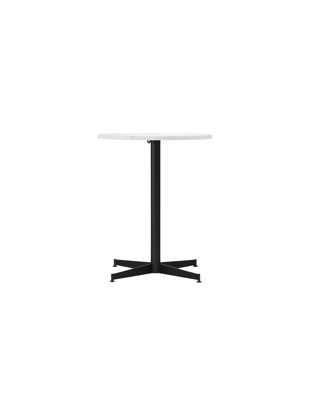Front view of the Nook Dining Table with a round Estremoz marble top and a black powder-coated steel four-star base.