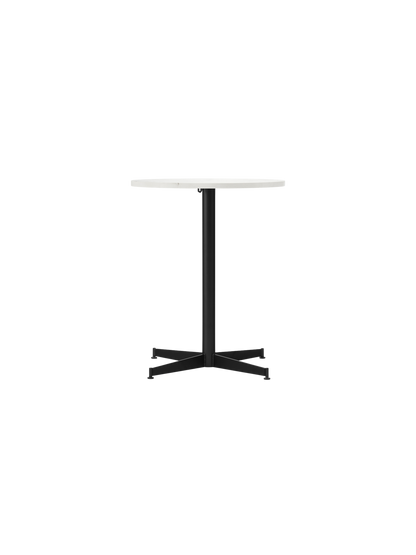 Front view of the Nook Dining Table with a round Estremoz marble top and a black powder-coated steel four-star base.