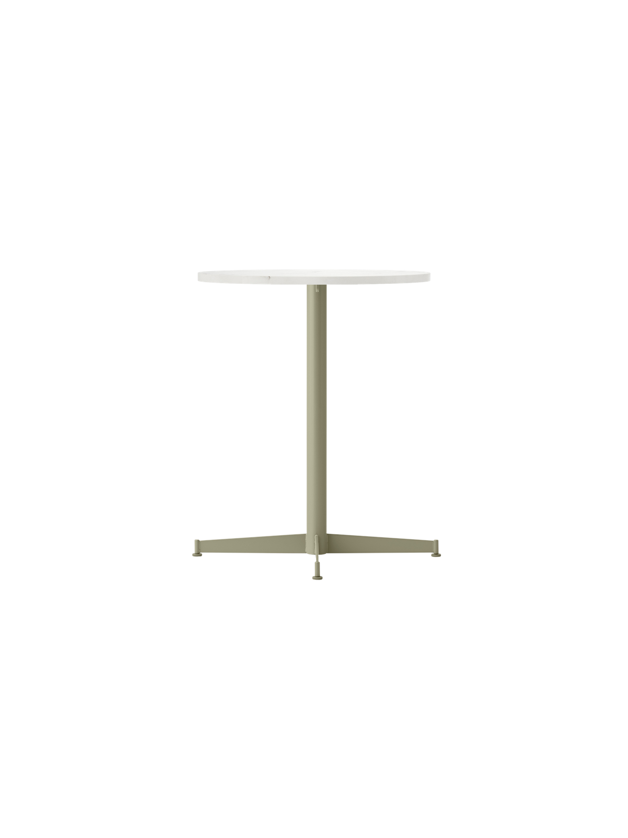 An angled view of the Nook Dining Table, featuring a round Estremoz marble top and a slim, four-star base in olive green.