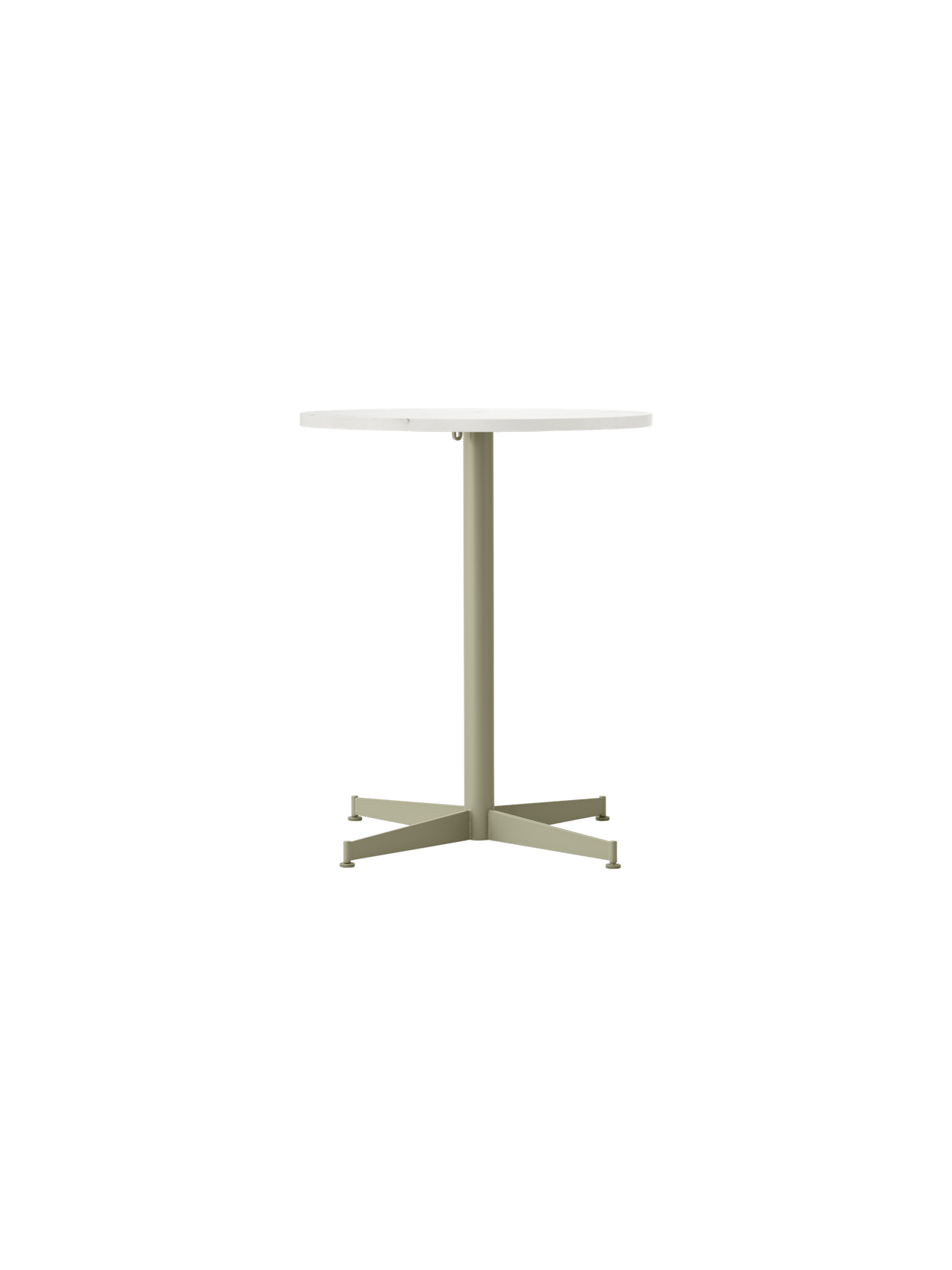 Front view of the Nook Dining Table with a round, white Estremoz marble top and an olive green, four-star steel base.