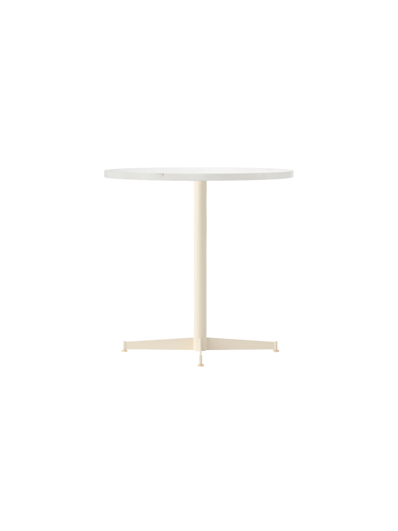 Angled view of the Nook Dining Table, featuring a round white top and a slender, ivory-coloured pedestal base with four feet.