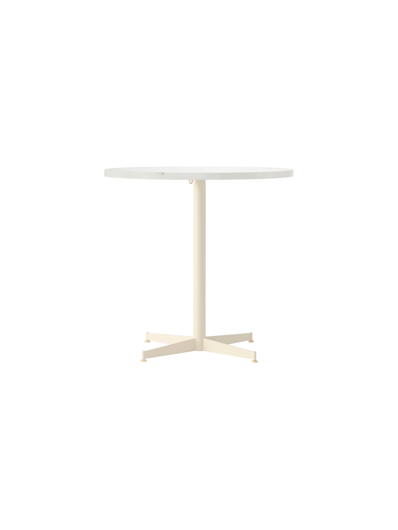 A front-on view of the Nook Dining Table, featuring a round, light-coloured stone top and an ivory powder-coated metal base.