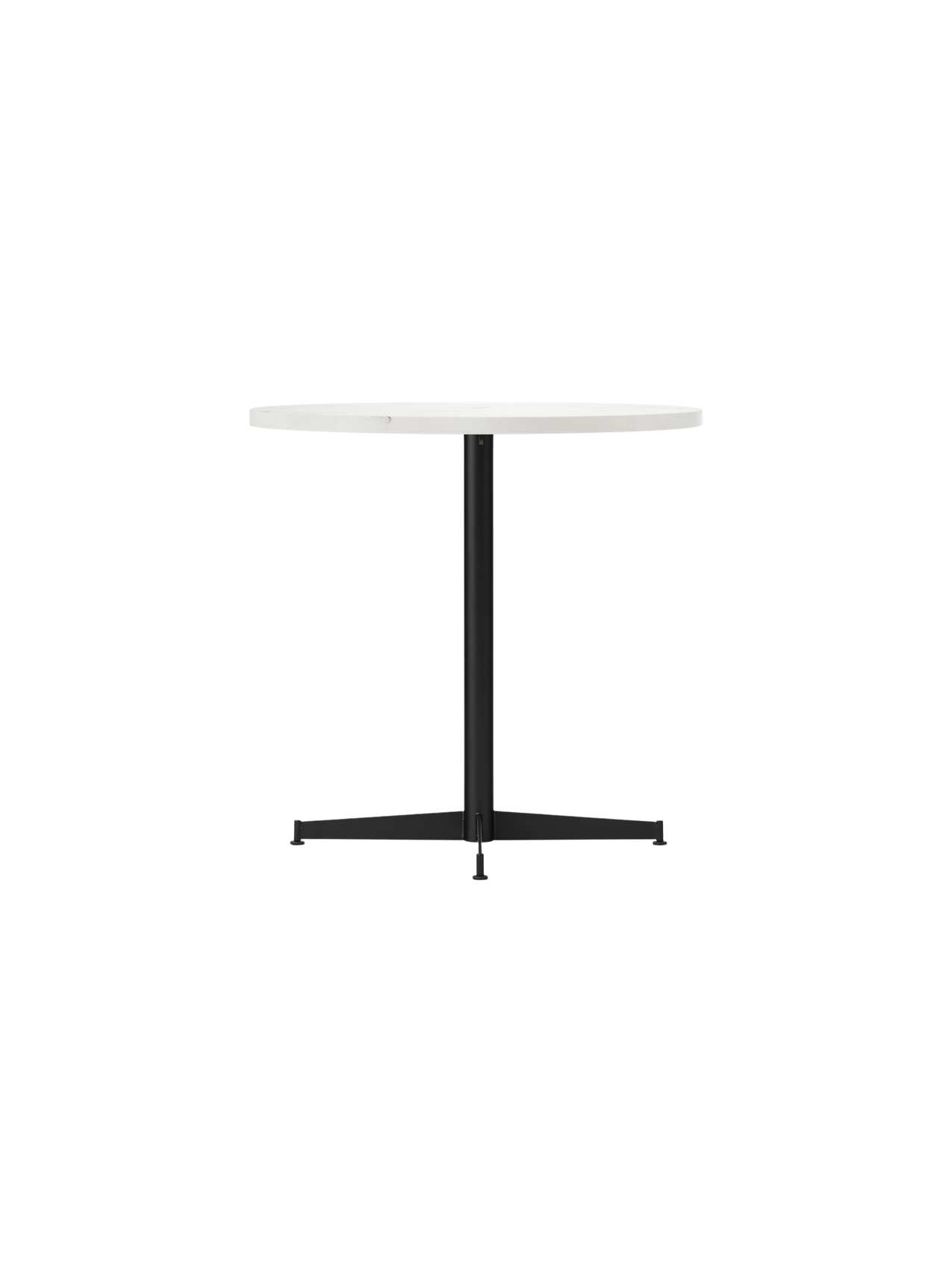 Angled view of the Nook Dining Table, featuring a round white tabletop and a black powder-coated steel four-star base.
