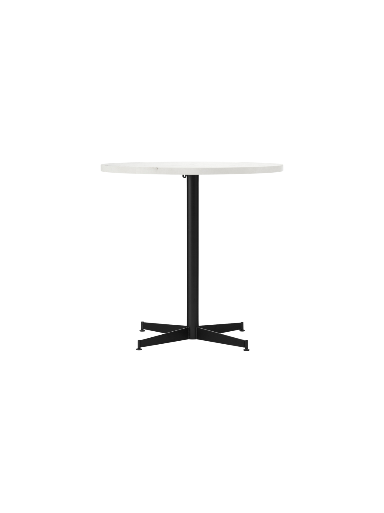 Front view of the Nook Dining Table with a round, white Estremoz Marble top and a black powder-coated steel four-star base.