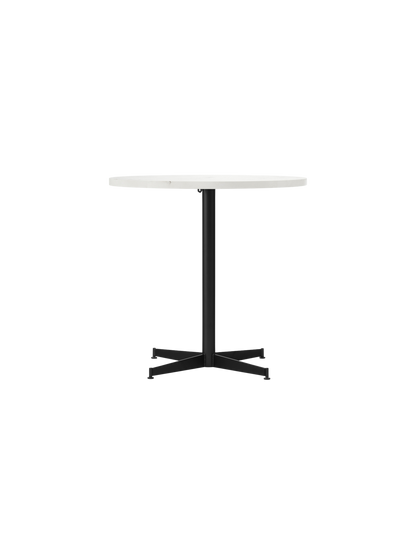 Front view of the Nook Dining Table with a round, white Estremoz Marble top and a black powder-coated steel four-star base.