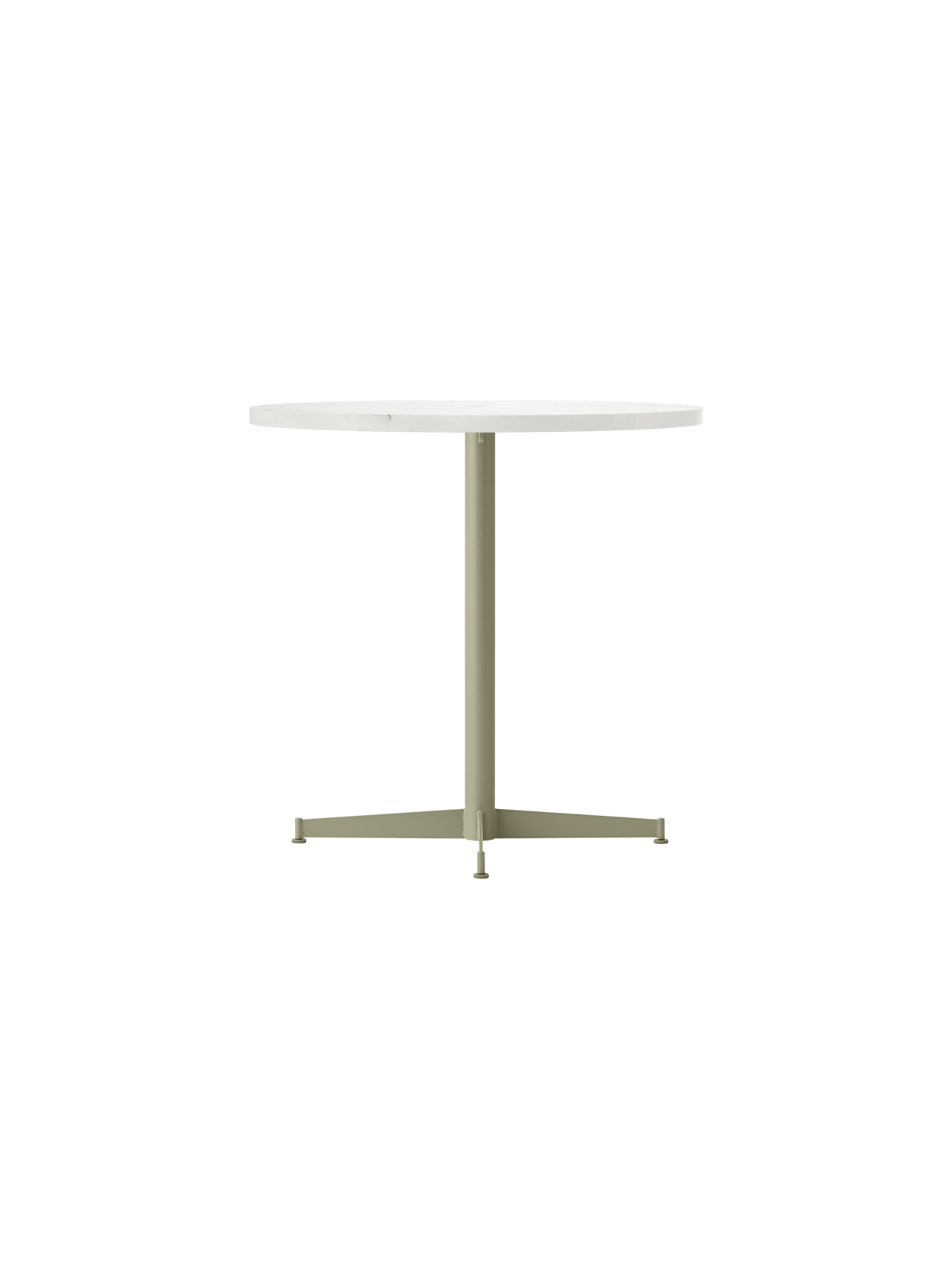 Front view of the Nook Dining Table with a round, light-coloured top and slender, olive four-star pedestal base.