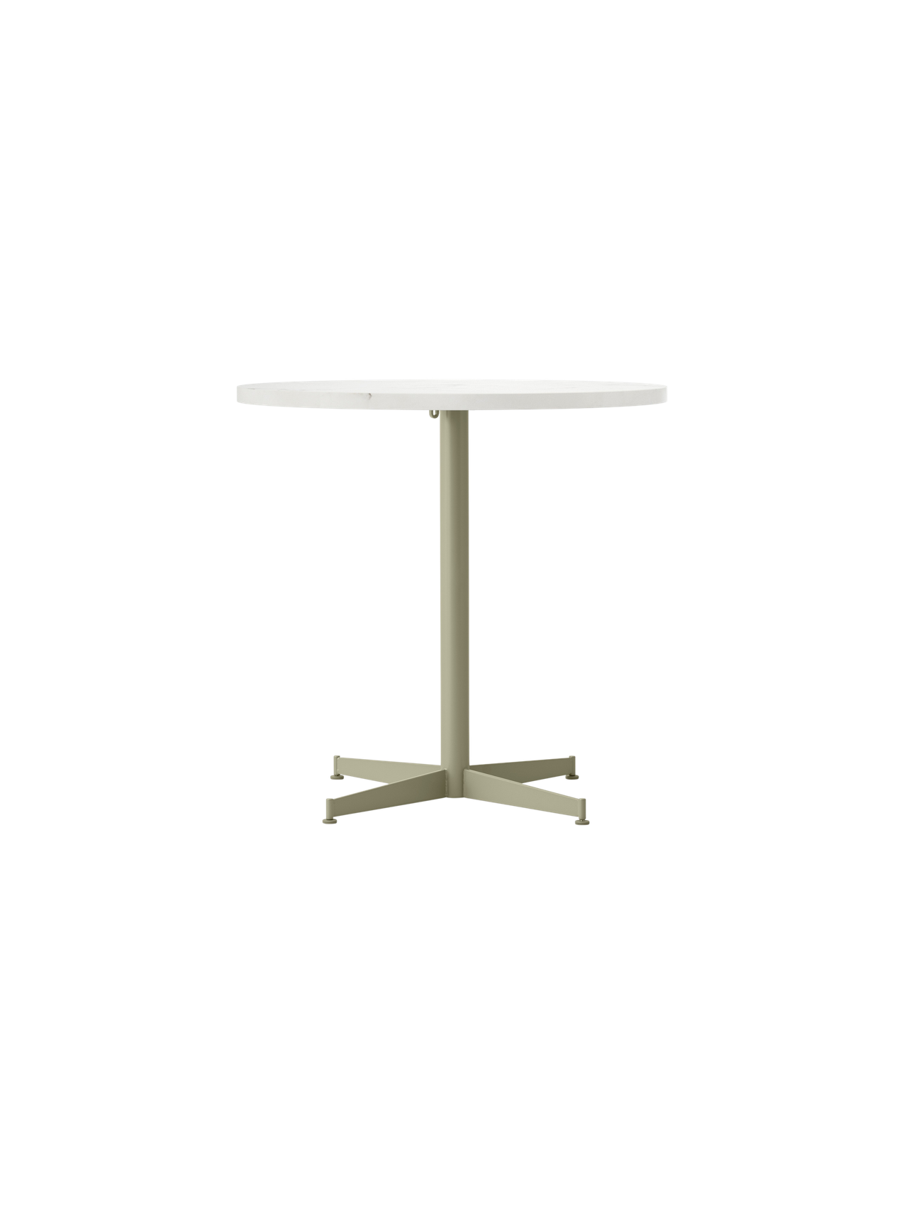 Front view of the Nook Dining Table with a round, white top and an olive-coloured, four-star pedestal base.