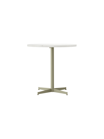 Front view of the Nook Dining Table with a round, white top and an olive-coloured, four-star pedestal base.