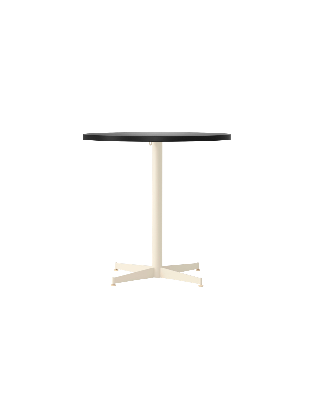 Front view of the Nook Dining Table with a round, charcoal linoleum tabletop and an ivory powder-coated steel four-star base.