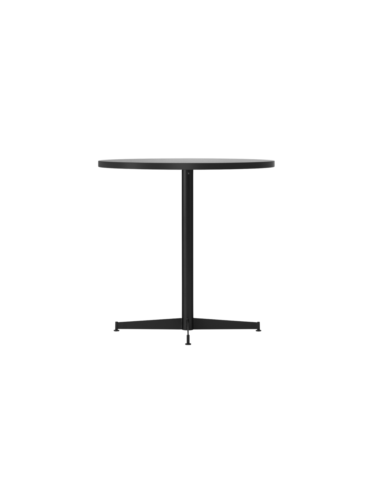 Side view of the Nook Dining Table with a round, light stone tabletop and a slim black central stem on a four-star base.