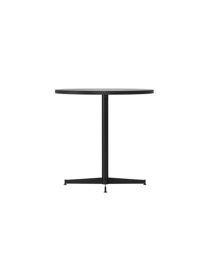 Side view of the Nook Dining Table with a round, light stone tabletop and a slim black central stem on a four-star base.