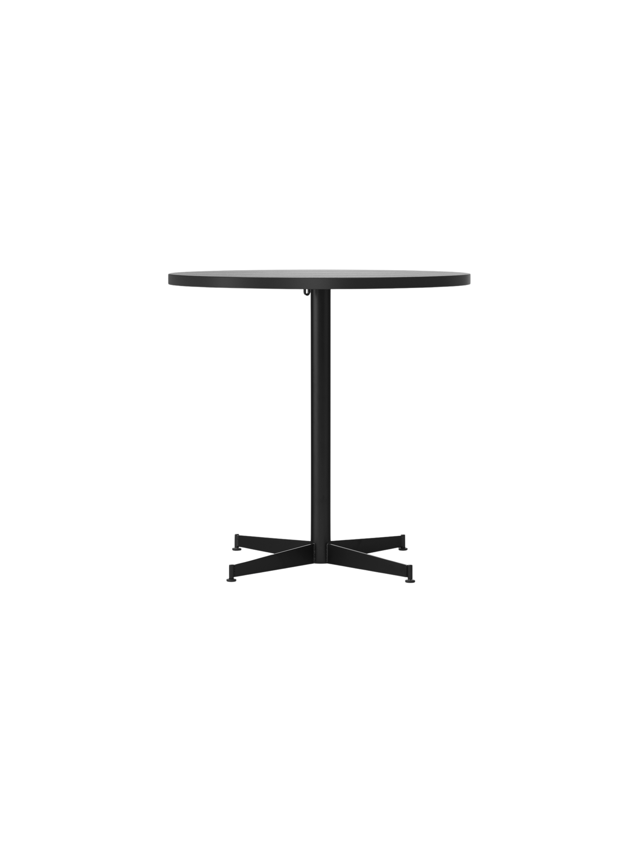 Front view of the Nook Dining Table with a round Estremoz Marble top and a black powder-coated steel four-star base.