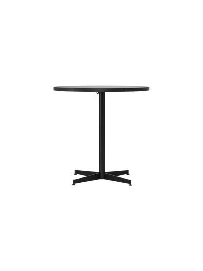 Front view of the Nook Dining Table with a round Estremoz Marble top and a black powder-coated steel four-star base.