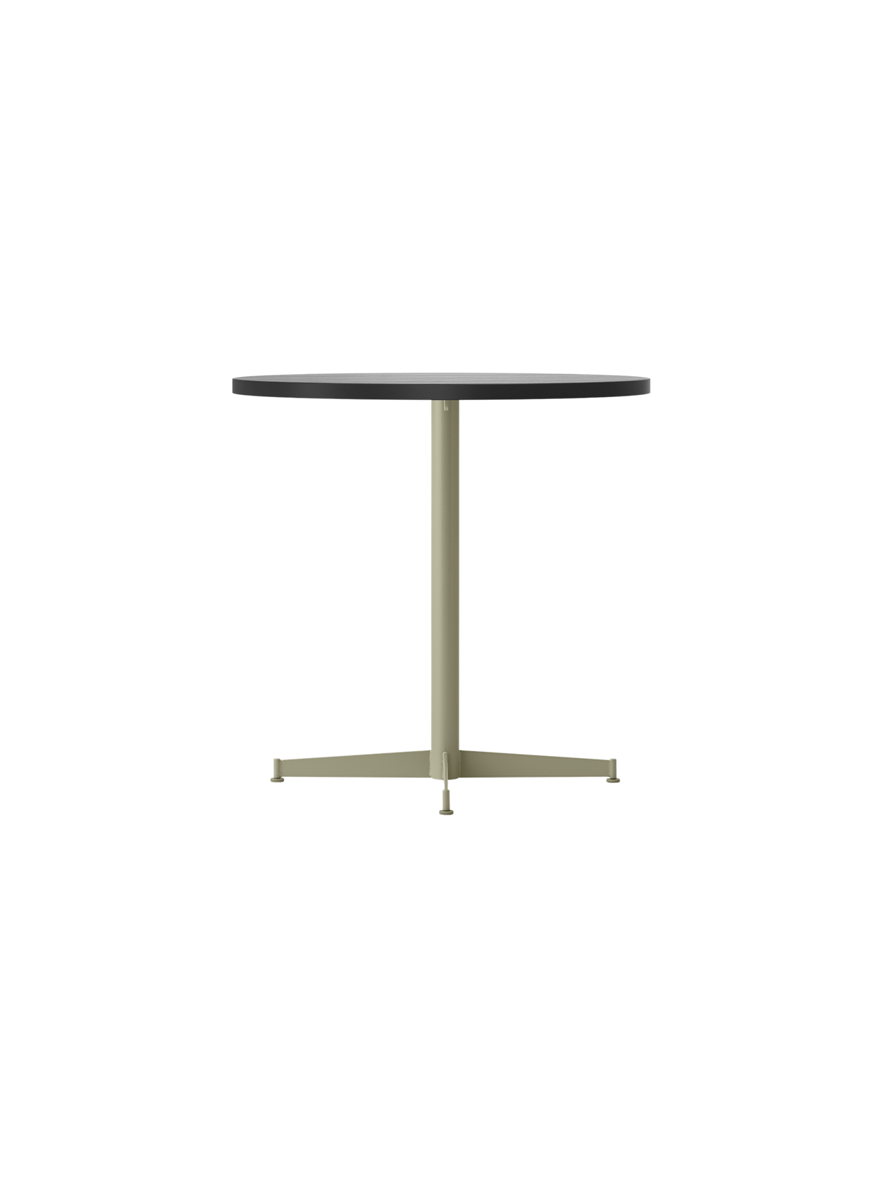 An angle view of the Nook Dining Table, featuring a dark round tabletop and a central olive-coloured steel pedestal base.