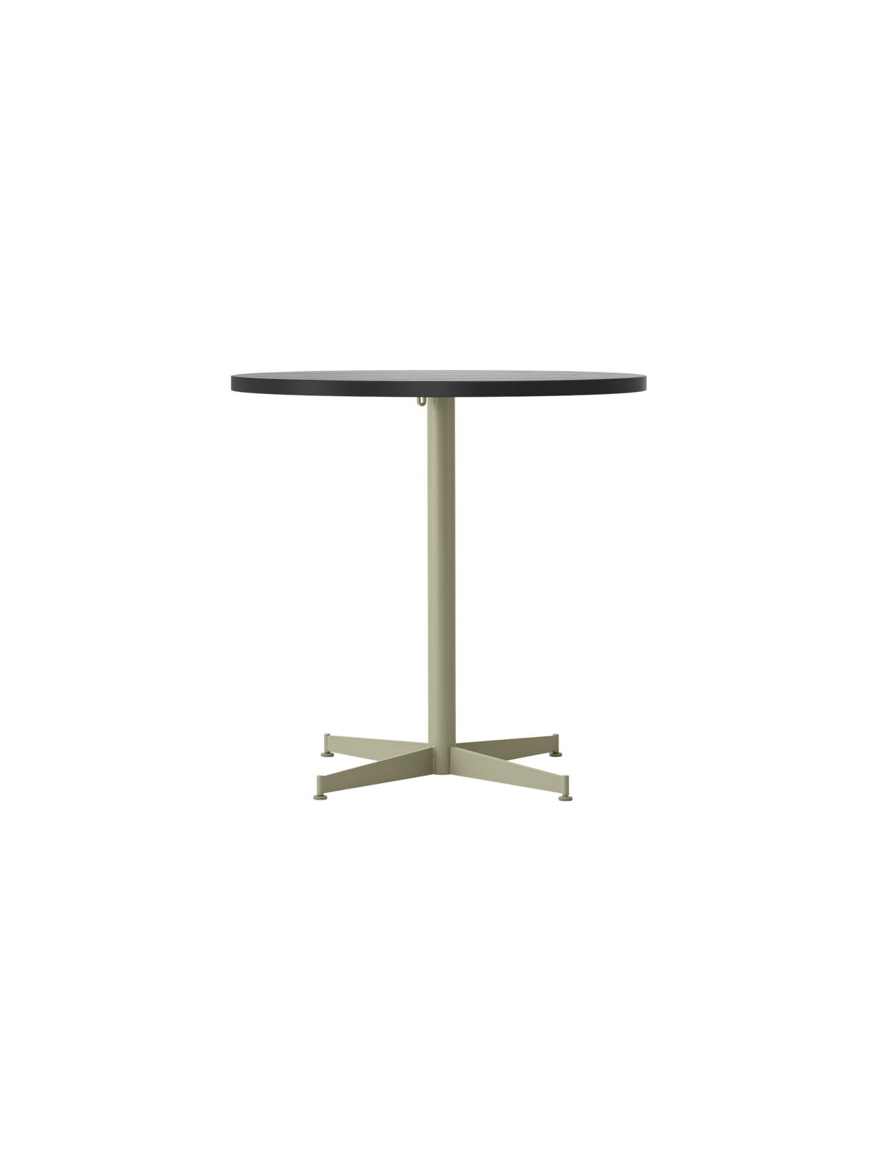 Front view of the Nook Dining Table, featuring a dark, round tabletop and a slender, olive pedestal with a four-star base.