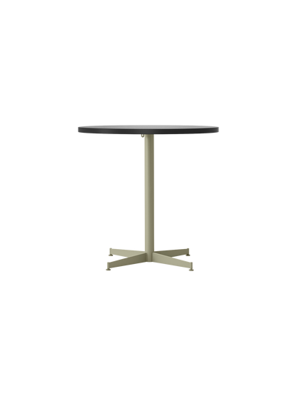 Front view of the Nook Dining Table, featuring a dark, round tabletop and a slender, olive pedestal with a four-star base.
