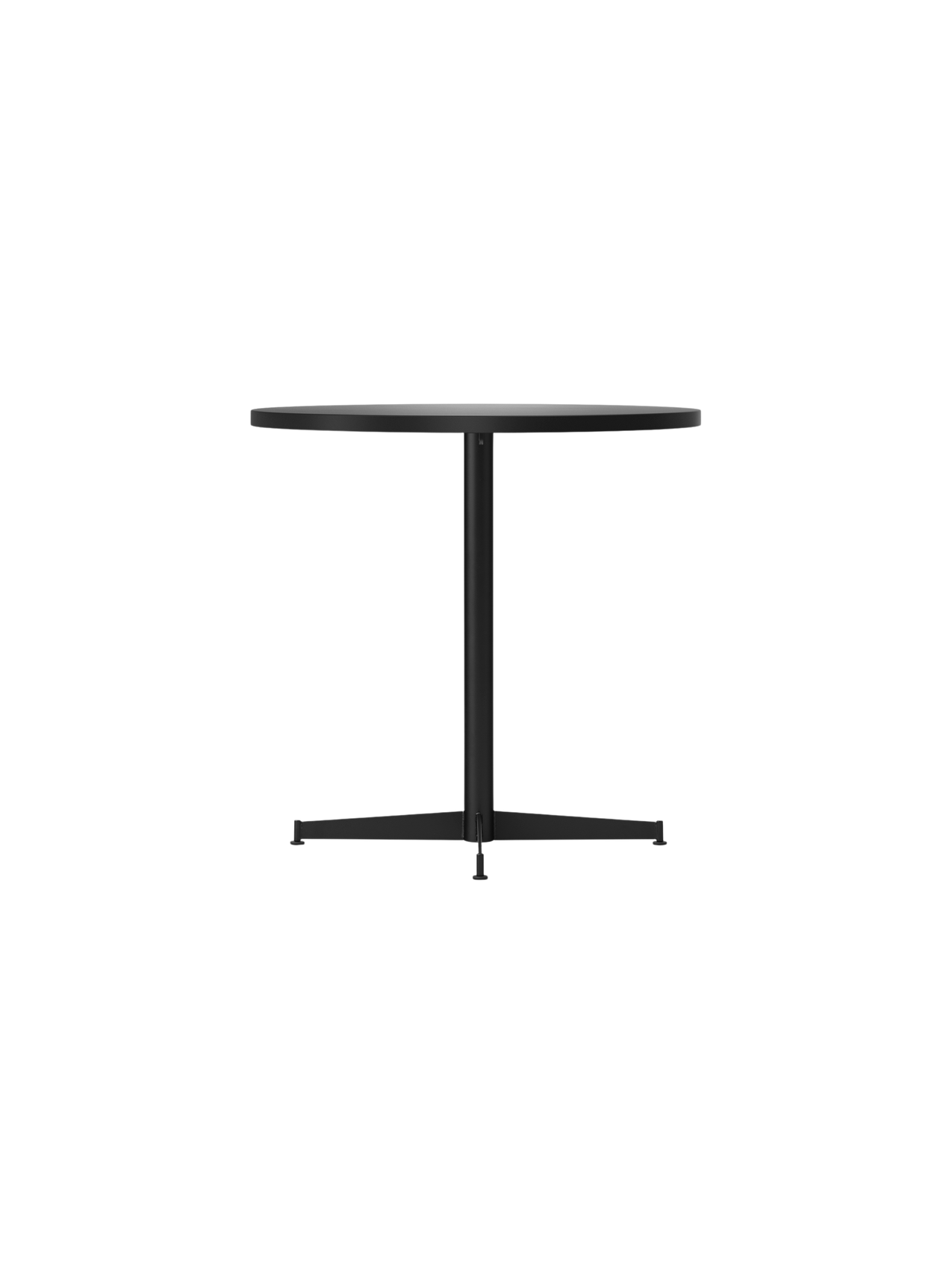 An angle view of the Nook Dining Table, showing its round dark top, slim central stem, and four-star base.