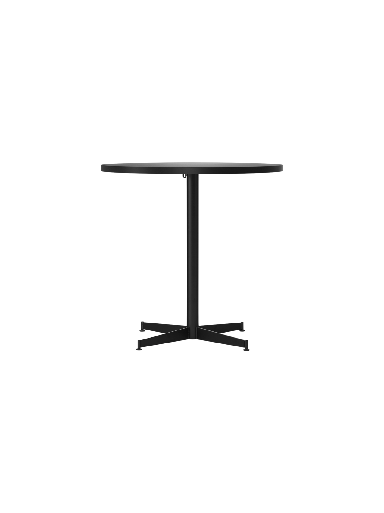 Front view of the Nook Dining Table, featuring a round top, a slim central stem, and a black four-star base.
