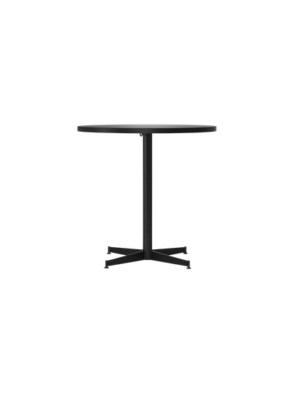 Front view of the Nook Dining Table, featuring a round top, a slim central stem, and a black four-star base.